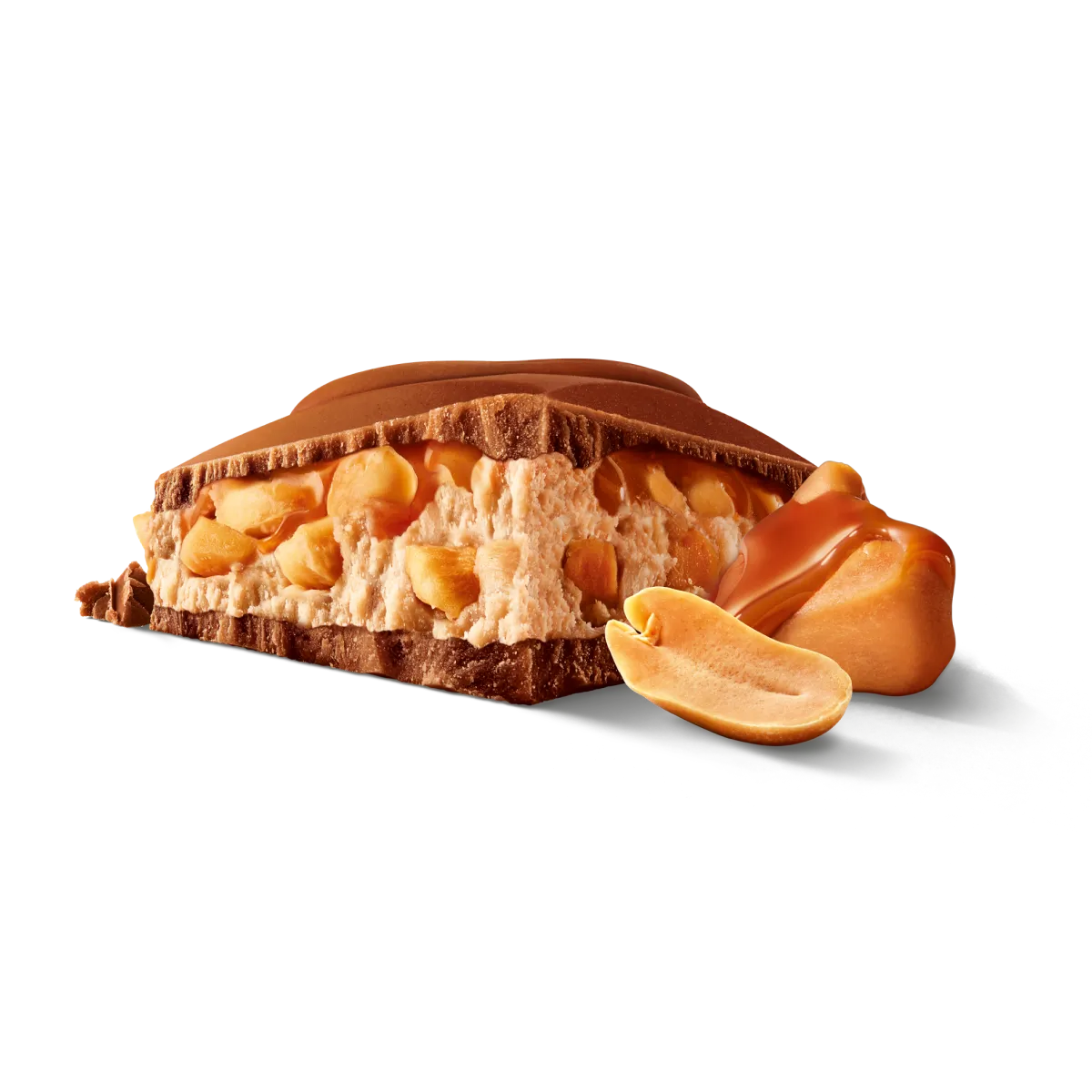Ein Stück von der Milka Mmmax Schokolade der Sorte Peanut Caramel